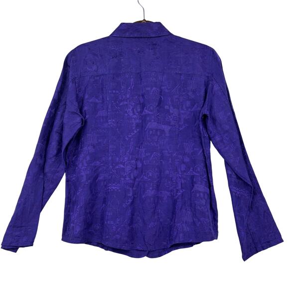 Chico's Blouse Top Womens Size M Purple Print Linen Silk Button Up Chest Pockets - Picture 5 of 9